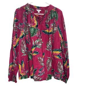 Crown & Ivy Peasant Blouse – Parrot Tropical Print Tassel 2X